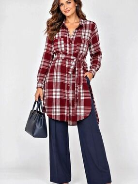 Style & Co Burgundy Plaid Belted Shirt Dress Tunic XL Cotton Blend